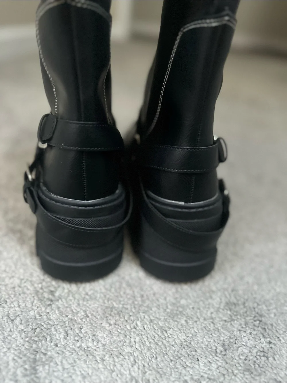 Black Western-Style Harness Chunky Sole Boots